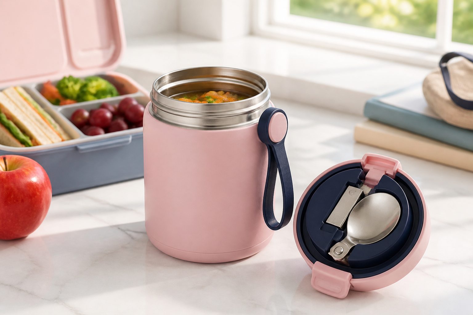 Blush pink HotHold Fifteen food jar with folding spoon