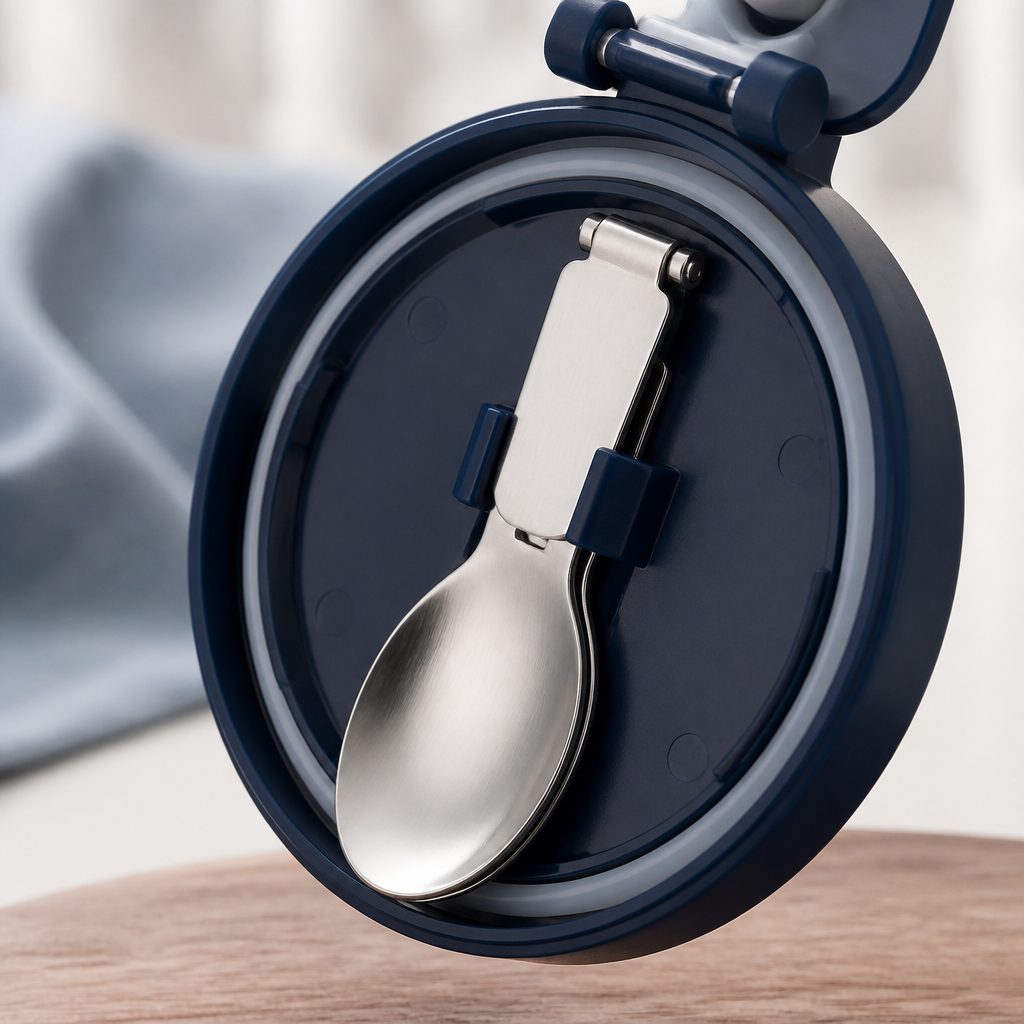 Folding spoon clipped into a buckle lid with visible gasket